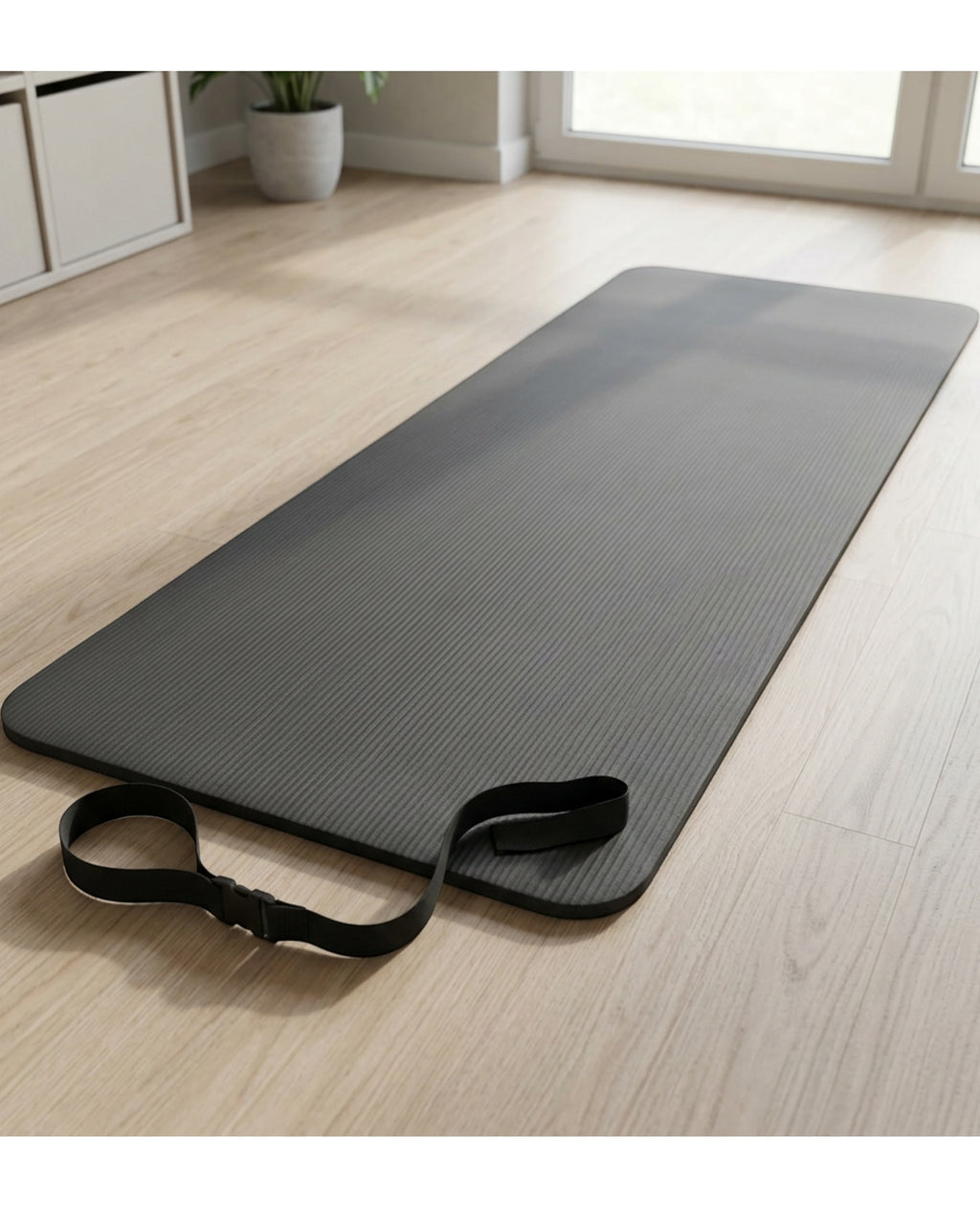 Yomba Closed-Cell NBR Yoga Mat with Carry Strap 183 x 66 cm 10 mm Graphite - Lifestyle view