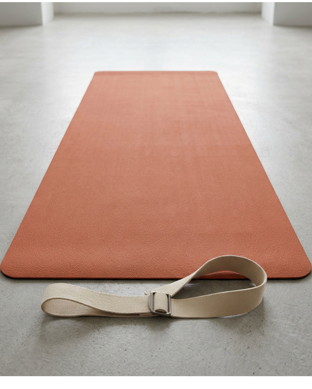 Yomba PU Natural Rubber Yoga Mat with Carry Strap 185 x 68 cm 5 mm Terracotta - Lifestyle view